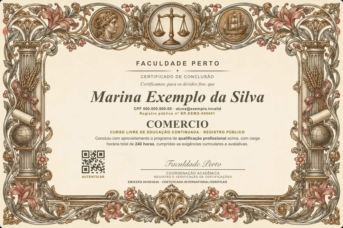 Modelo do certificado do curso de Comercio grátis: registro público, QR de verificação e assinaturas — exemplo com dados fictícios.