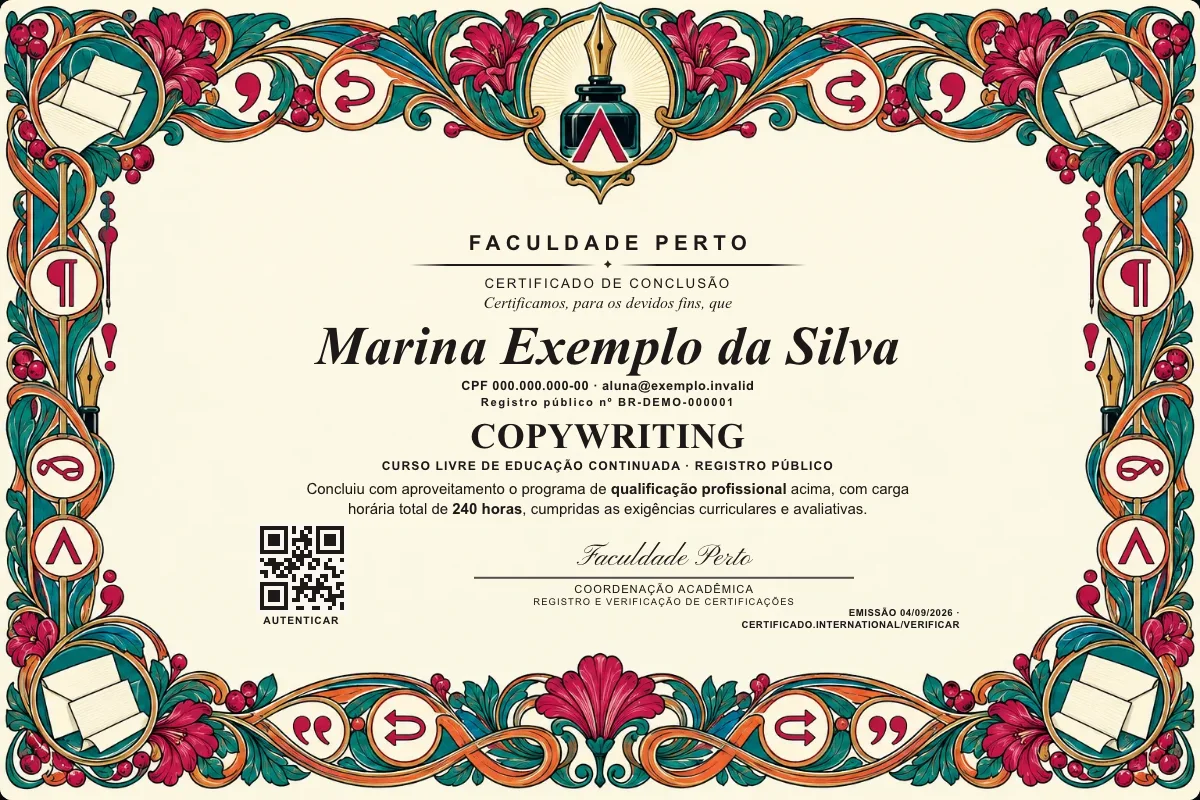 Modelo do certificado do curso de Copywriting grátis: registro público, QR de verificação e assinaturas — exemplo com dados fictícios.