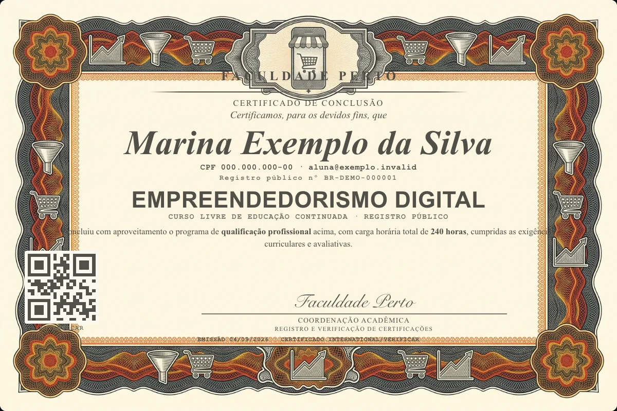 Modelo do certificado do curso de Empreendedorismo Digital grátis: registro público, QR de verificação e assinaturas — exemplo com dados fictícios.