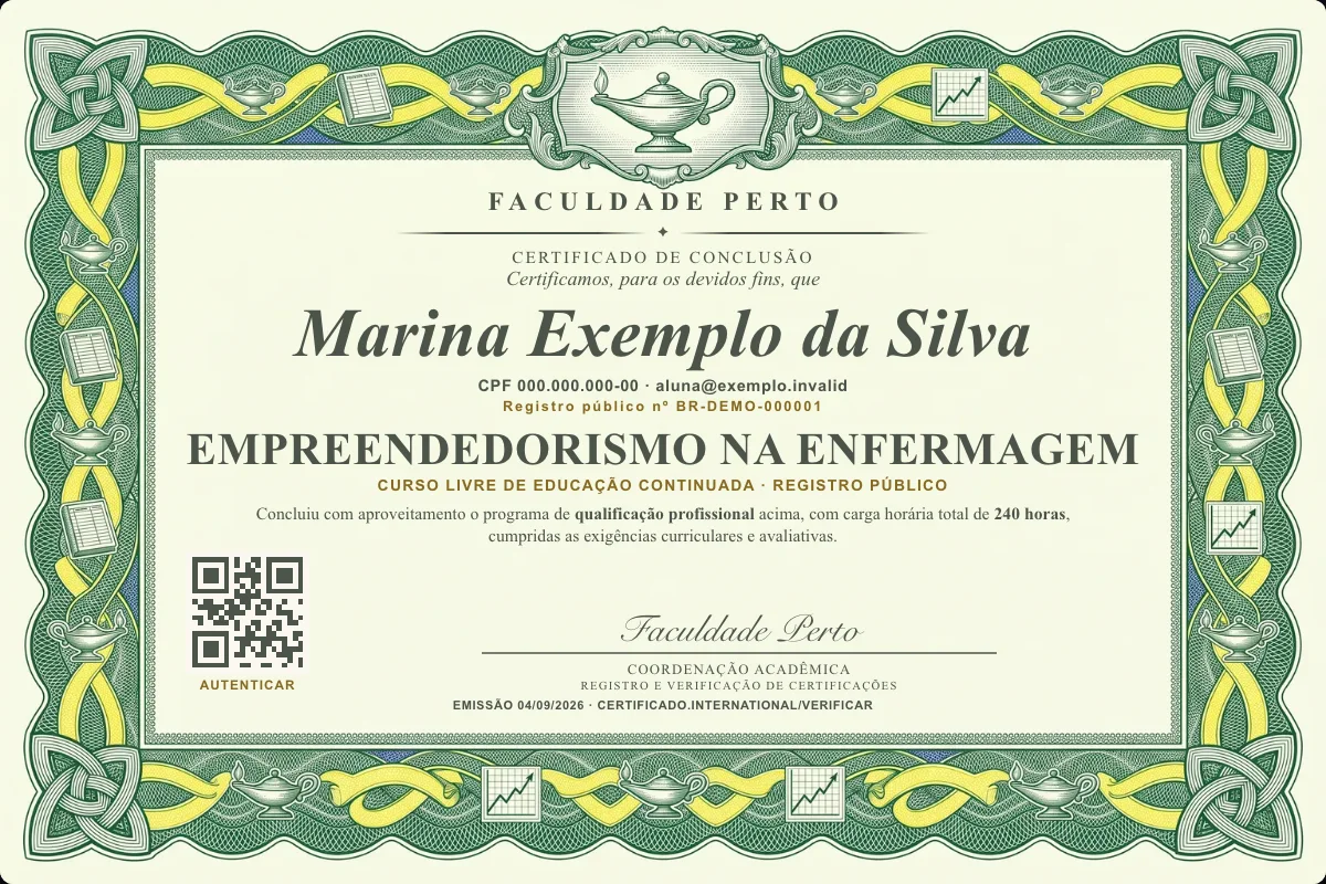 Modelo do certificado do curso de Empreendedorismo na Enfermagem grátis: registro público, QR de verificação e assinaturas — exemplo com dados fictícios.