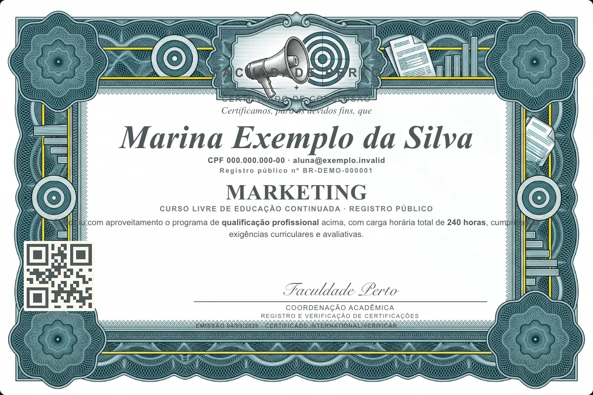 Modelo do certificado do curso de Marketing grátis: registro público, QR de verificação e assinaturas — exemplo com dados fictícios.