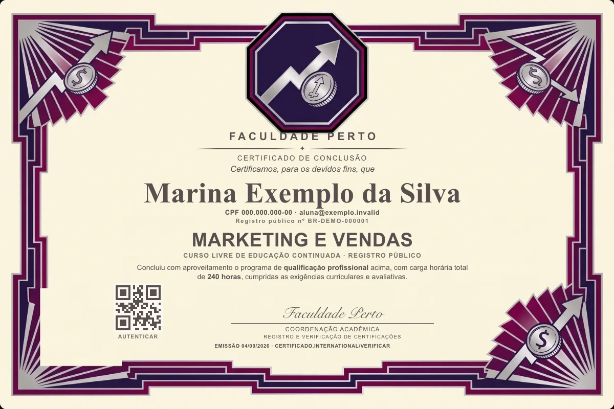 Modelo do certificado do curso de Marketing e Vendas grátis: registro público, QR de verificação e assinaturas — exemplo com dados fictícios.