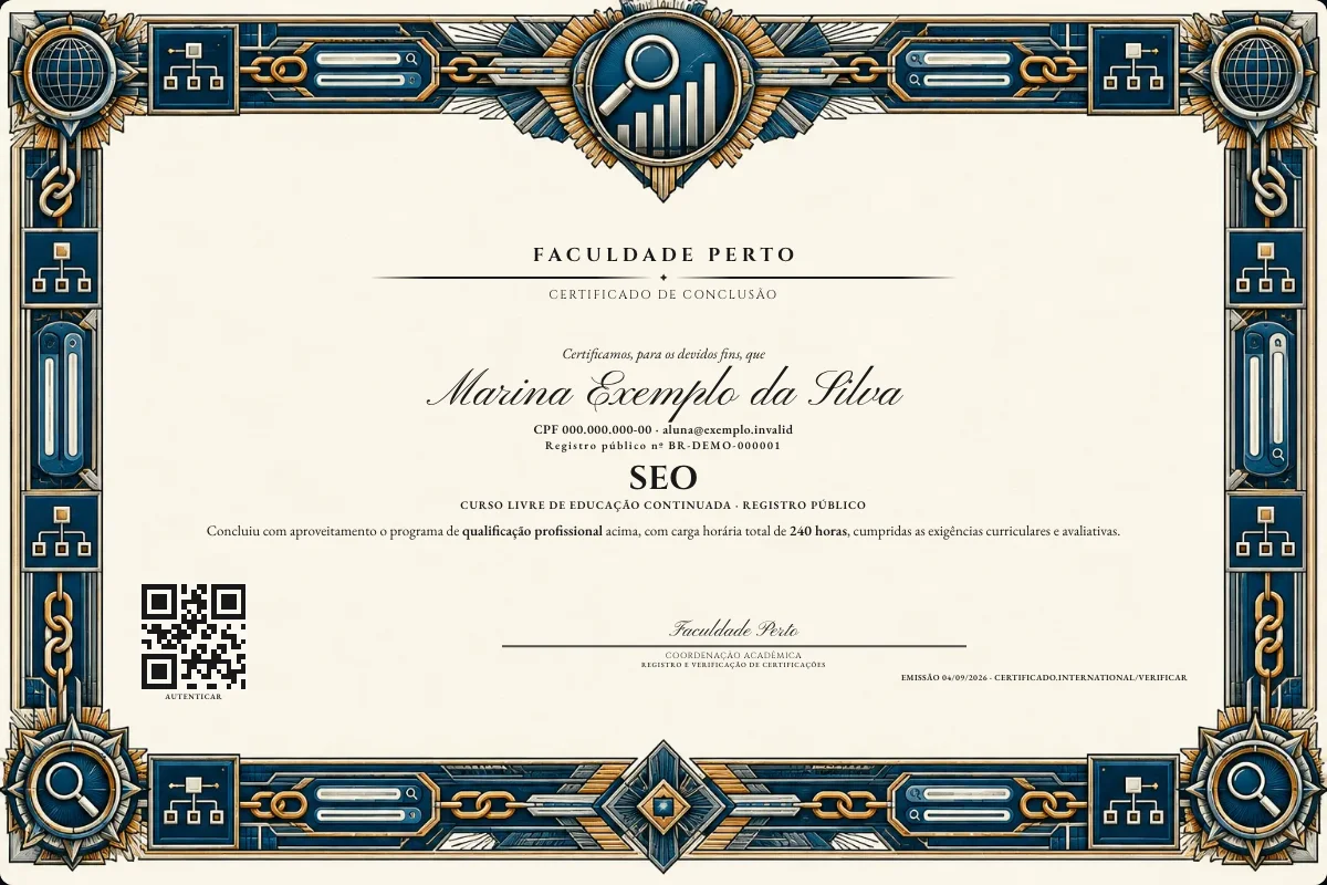 Modelo do certificado do curso de SEO grátis: registro público, QR de verificação e assinaturas — exemplo com dados fictícios.
