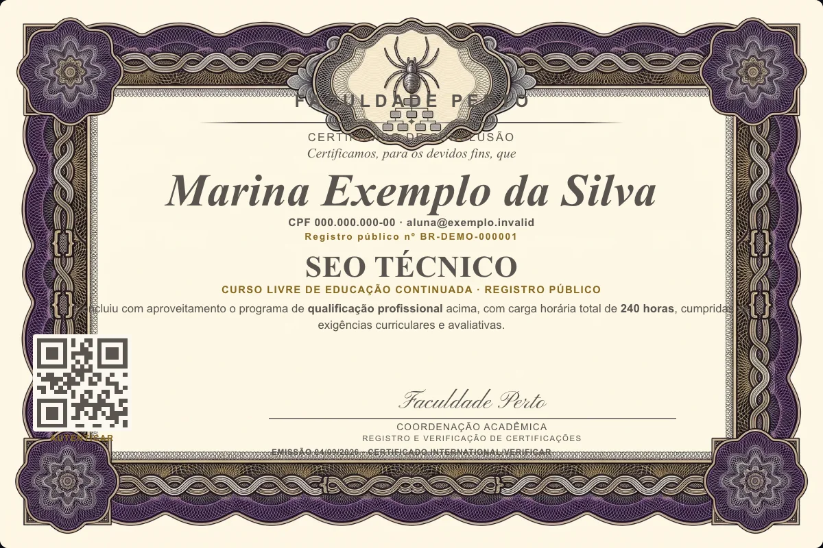 Modelo do certificado do curso de SEO Técnico grátis: registro público, QR de verificação e assinaturas — exemplo com dados fictícios.