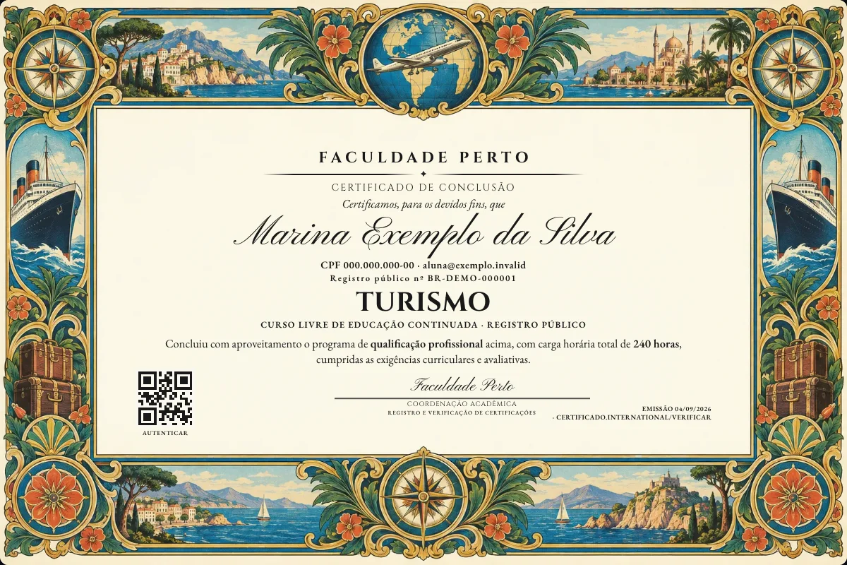 Modelo do certificado do curso de Turismo grátis: registro público, QR de verificação e assinaturas — exemplo com dados fictícios.