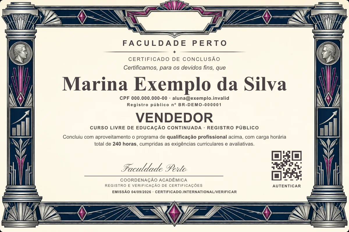 Modelo do certificado do curso de Vendedor grátis: registro público, QR de verificação e assinaturas — exemplo com dados fictícios.