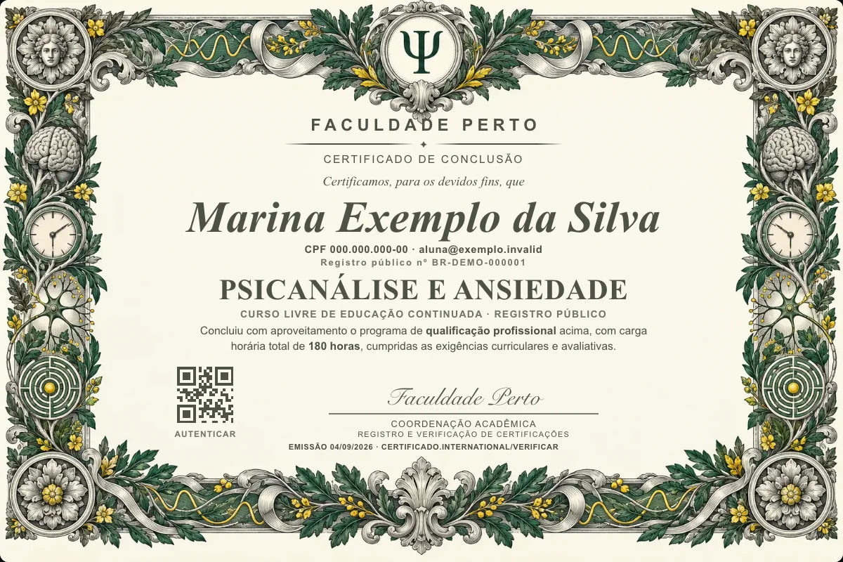 Modelo do certificado do curso de Psicanálise e Ansiedade grátis: registro público, QR de verificação e assinaturas — exemplo com dados fictícios.
