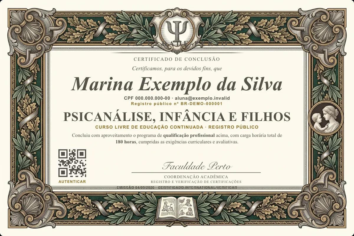 Modelo do certificado do curso de Psicanálise, Infância e Filhos grátis: registro público, QR de verificação e assinaturas — exemplo com dados fictícios.