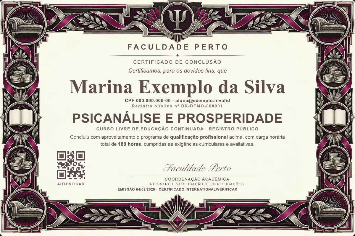 Modelo do certificado do curso de Psicanálise e Prosperidade grátis: registro público, QR de verificação e assinaturas — exemplo com dados fictícios.