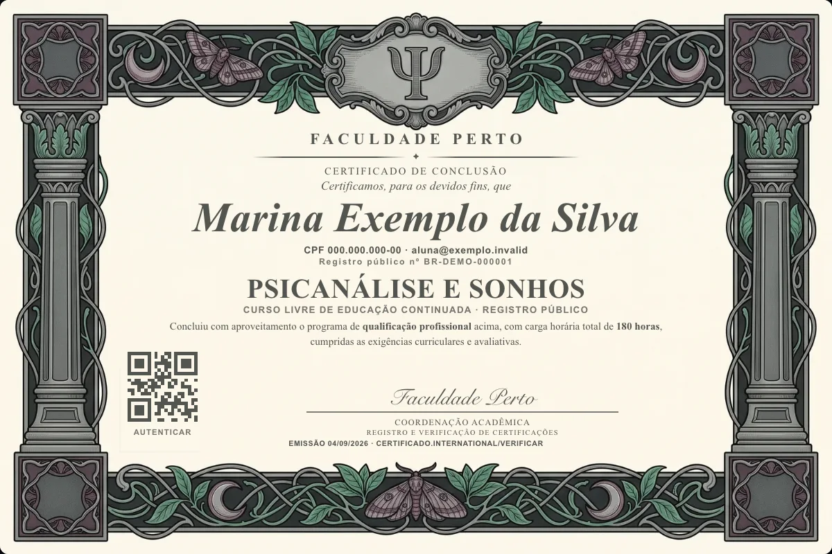 Modelo do certificado do curso de Psicanálise e Sonhos grátis: registro público, QR de verificação e assinaturas — exemplo com dados fictícios.