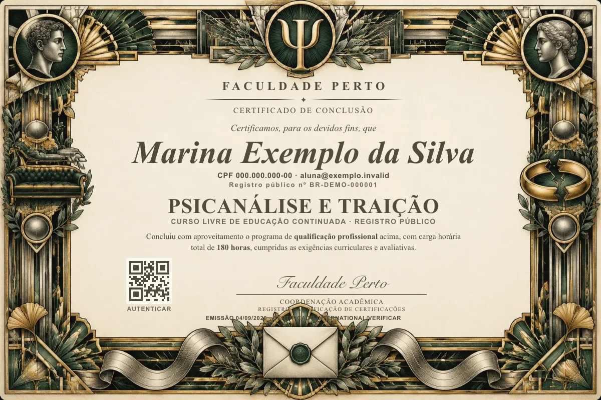 Modelo do certificado do curso de Psicanálise e Traição grátis: registro público, QR de verificação e assinaturas — exemplo com dados fictícios.