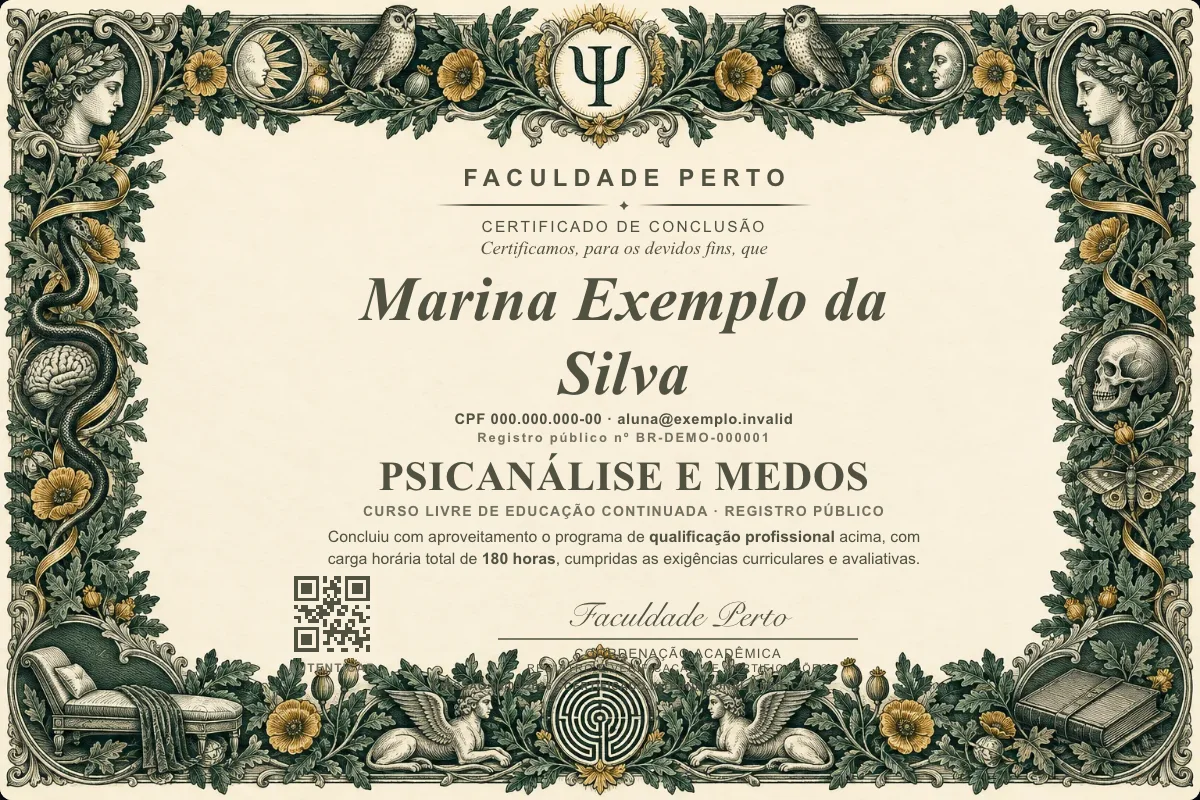 Modelo do certificado do curso de Psicanálise e Medos grátis: registro público, QR de verificação e assinaturas — exemplo com dados fictícios.