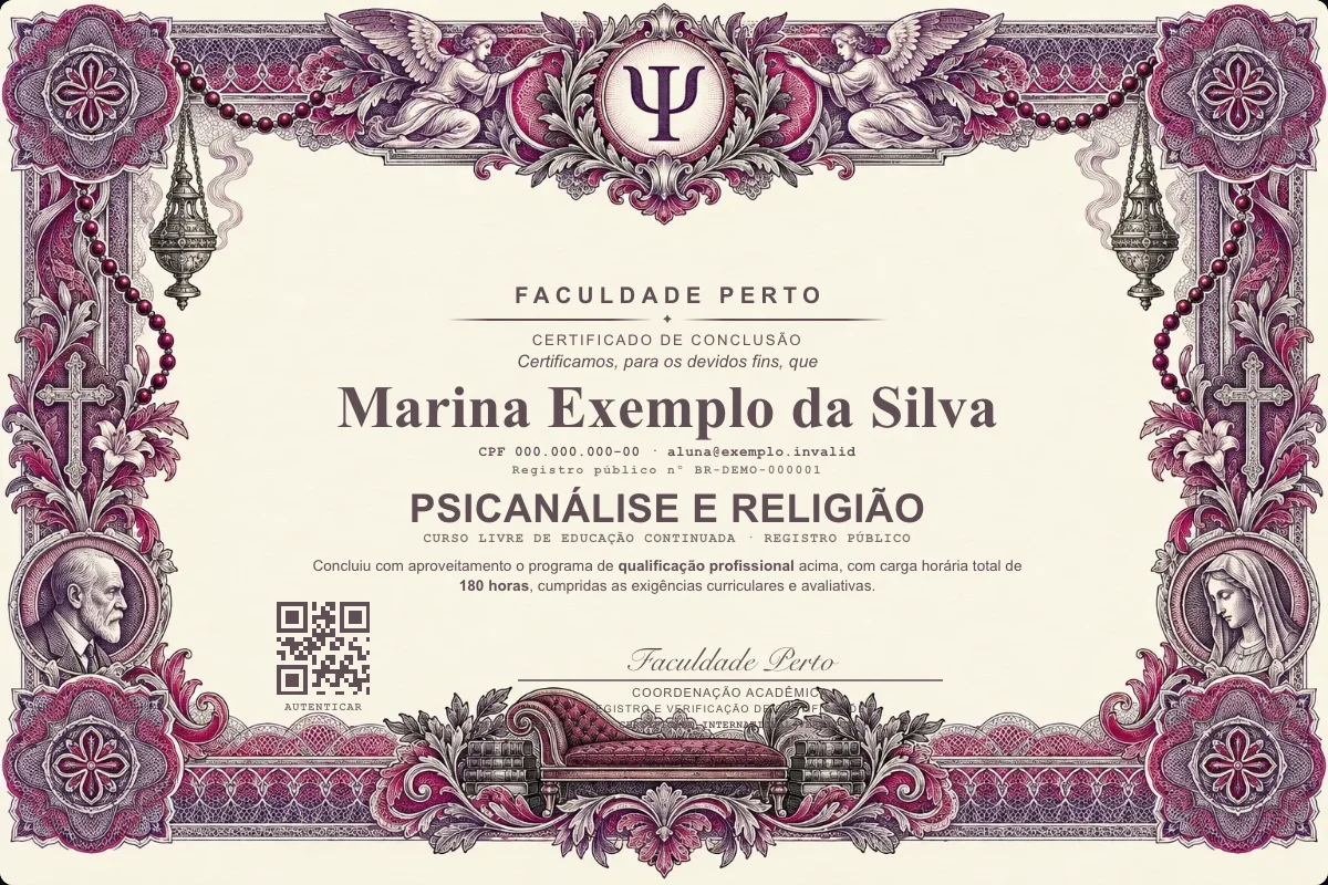 Modelo do certificado do curso de Psicanálise e Religião grátis: registro público, QR de verificação e assinaturas — exemplo com dados fictícios.