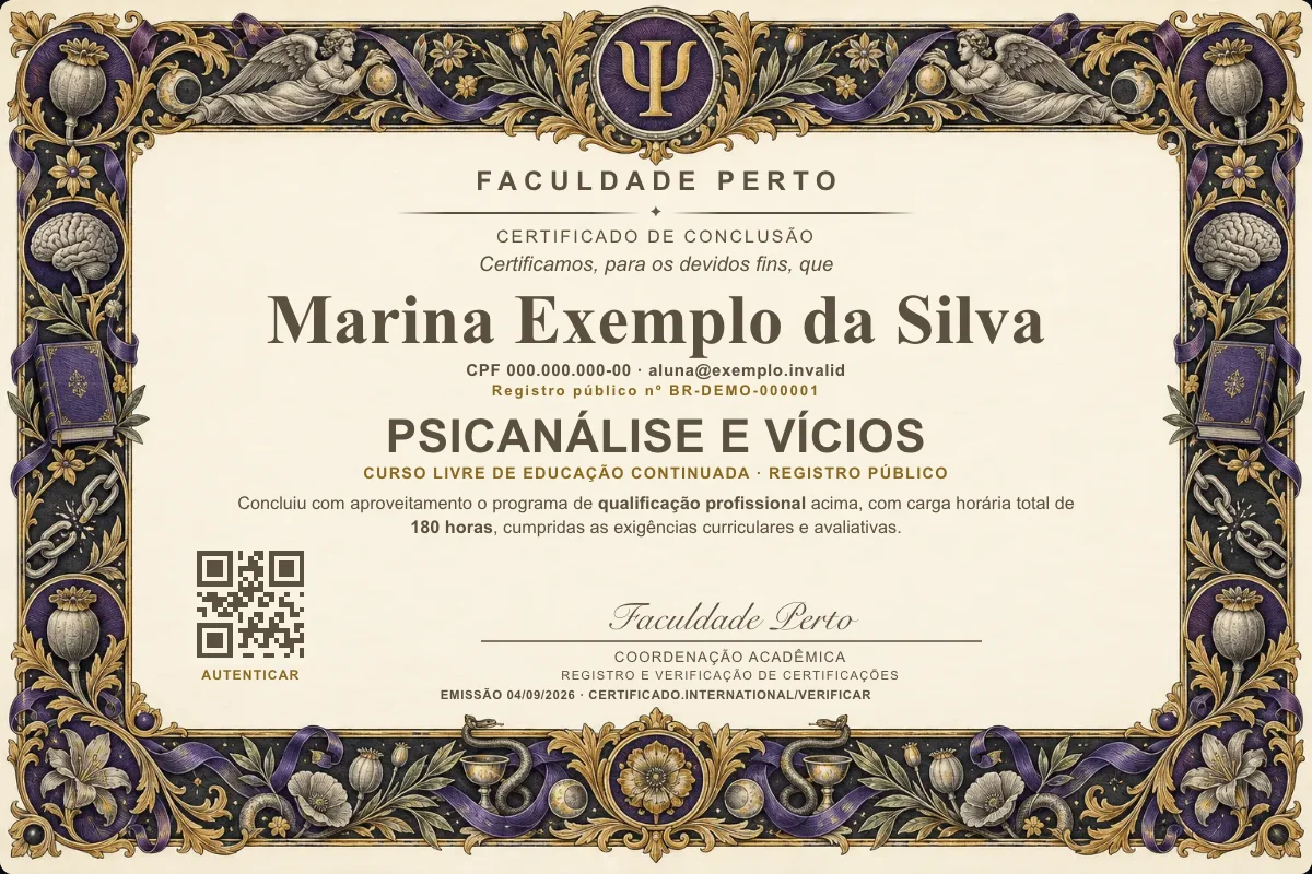 Modelo do certificado do curso de Psicanálise e Vícios grátis: registro público, QR de verificação e assinaturas — exemplo com dados fictícios.