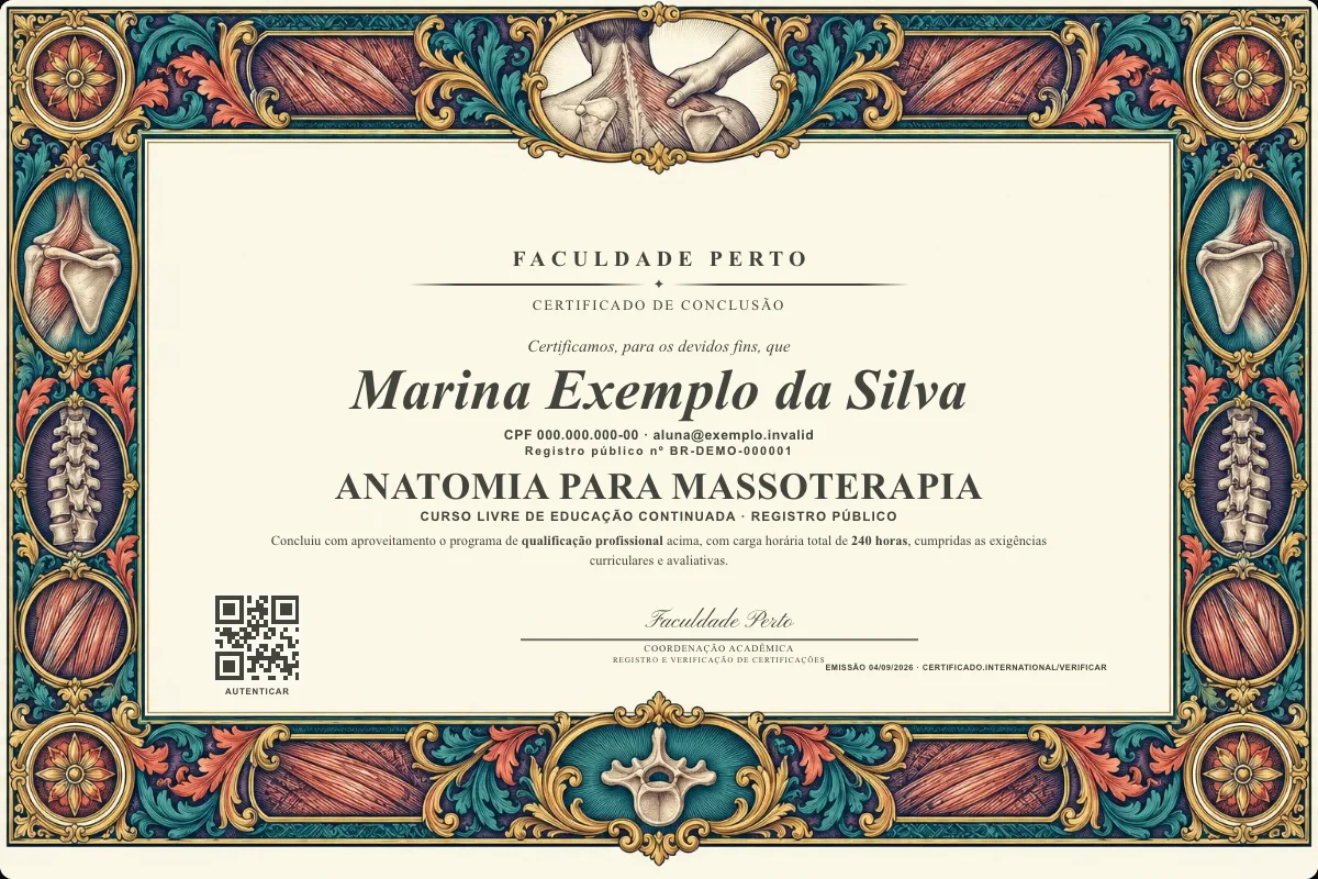 Certificado do curso de Anatomia para Massoterapia
