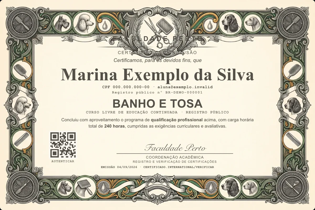 Modelo do certificado do curso de Banho e Tosa grátis: registro público, QR de verificação e assinaturas — exemplo com dados fictícios.