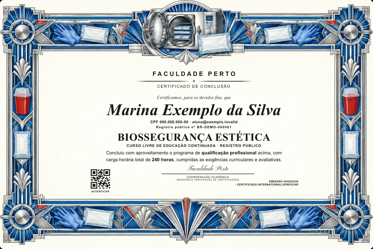 Modelo do certificado do curso de Biossegurança Estética grátis: registro público, QR de verificação e assinaturas — exemplo com dados fictícios.