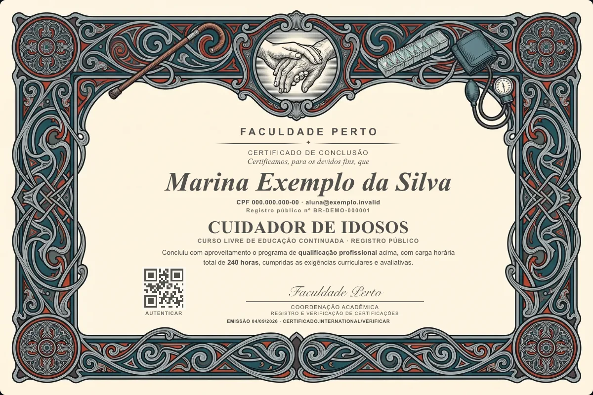 Modelo do certificado do curso de Cuidador de Idosos grátis: registro público, QR de verificação e assinaturas — exemplo com dados fictícios.