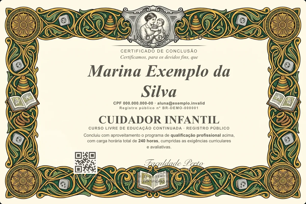 Modelo do certificado do curso de Cuidador Infantil grátis: registro público, QR de verificação e assinaturas — exemplo com dados fictícios.