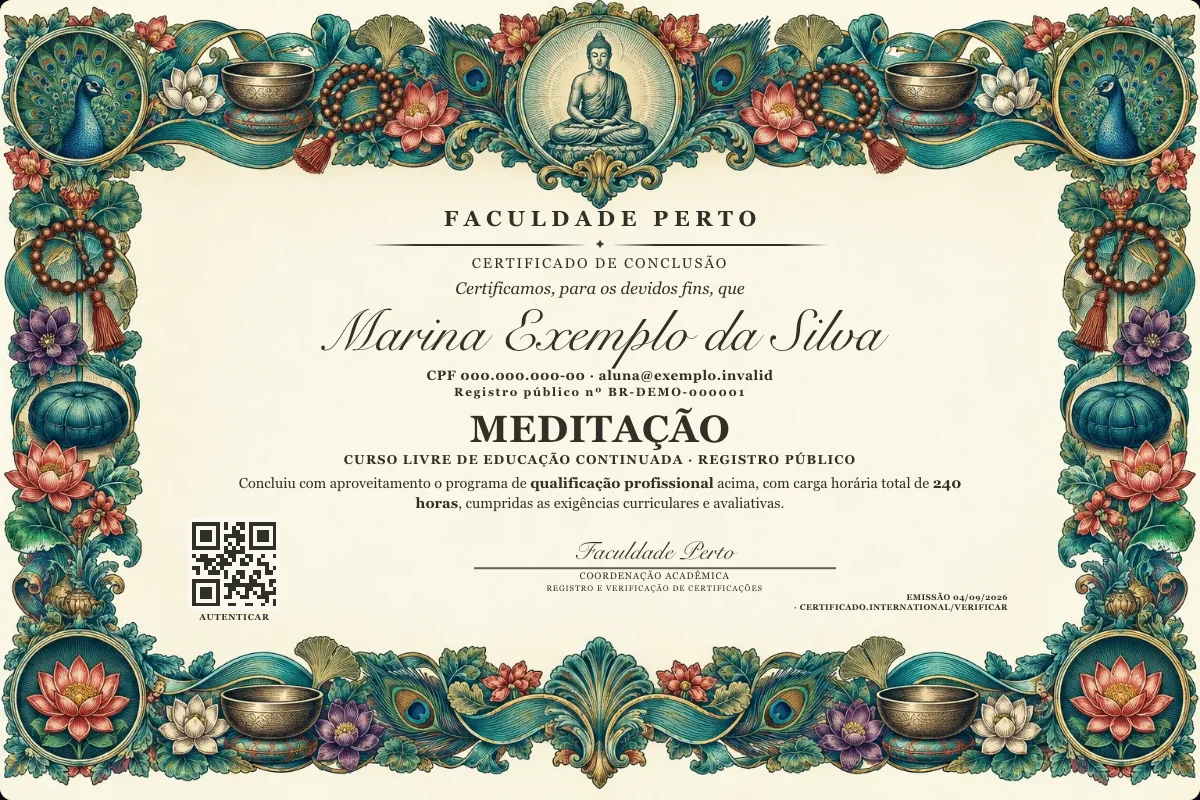 Modelo do certificado do curso de Meditação grátis: registro público, QR de verificação e assinaturas — exemplo com dados fictícios.