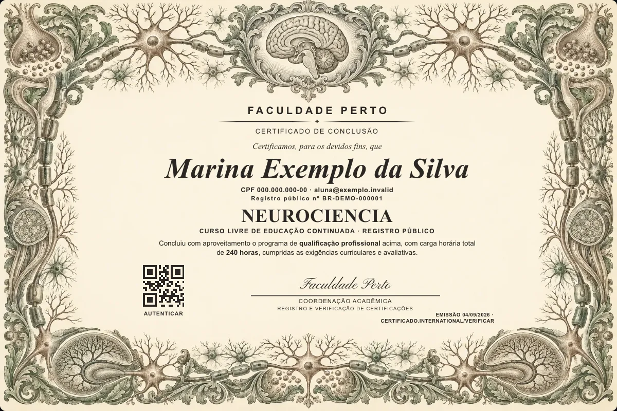 Modelo do certificado do curso de Neurociencia grátis: registro público, QR de verificação e assinaturas — exemplo com dados fictícios.