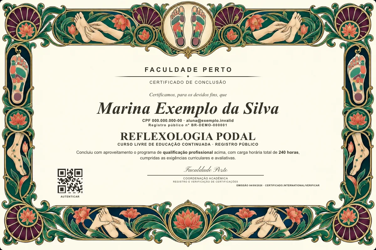 Modelo do certificado do curso de Reflexologia Podal grátis: registro público, QR de verificação e assinaturas — exemplo com dados fictícios.