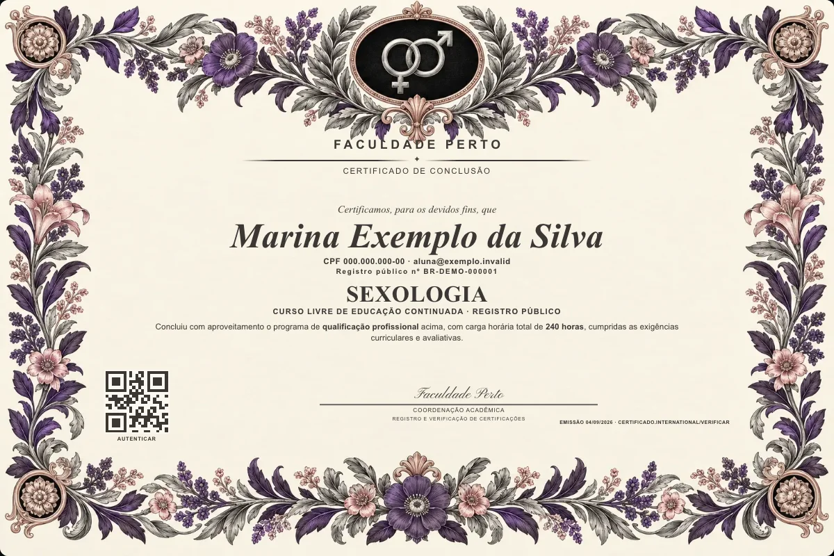 Modelo do certificado do curso de Sexologia grátis: registro público, QR de verificação e assinaturas — exemplo com dados fictícios.