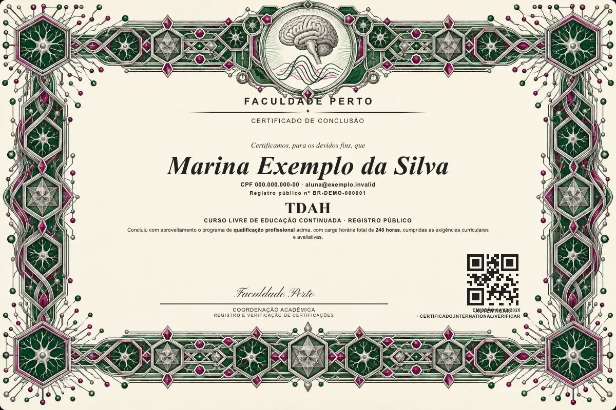 Modelo do certificado do curso de Tdah grátis: registro público, QR de verificação e assinaturas — exemplo com dados fictícios.