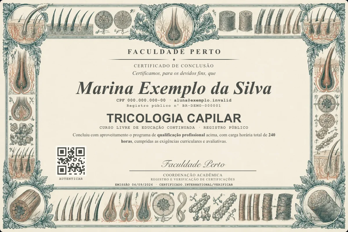 Modelo do certificado do curso de Tricologia Capilar grátis: registro público, QR de verificação e assinaturas — exemplo com dados fictícios.