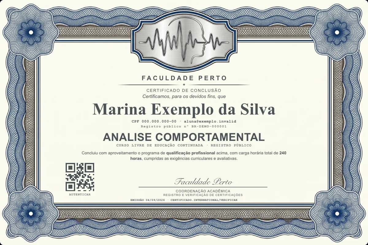 Modelo do certificado do curso de Analise Comportamental grátis: registro público, QR de verificação e assinaturas — exemplo com dados fictícios.