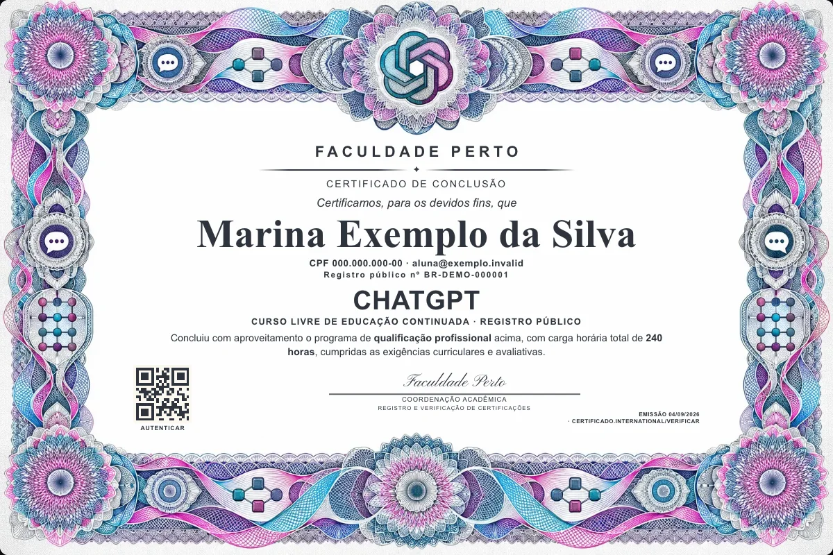 Modelo do certificado do curso de Chatgpt grátis: registro público, QR de verificação e assinaturas — exemplo com dados fictícios.