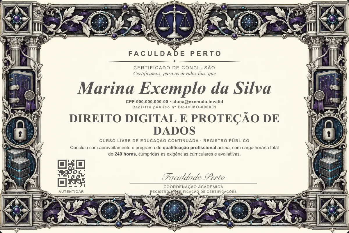 Modelo do certificado do curso de Direito Digital e Proteção de Dados grátis: registro público, QR de verificação e assinaturas — exemplo com dados fictícios.