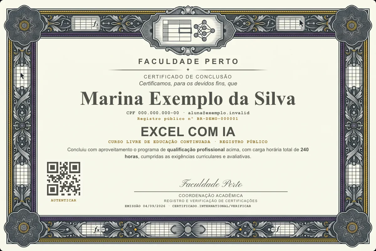 Modelo do certificado do curso de Excel com IA grátis: registro público, QR de verificação e assinaturas — exemplo com dados fictícios.
