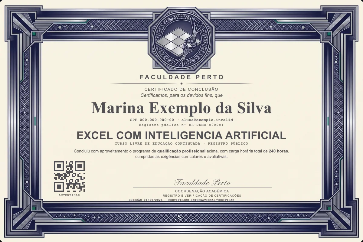 Modelo do certificado do curso de Excel com Inteligencia Artificial grátis: registro público, QR de verificação e assinaturas — exemplo com dados fictícios.