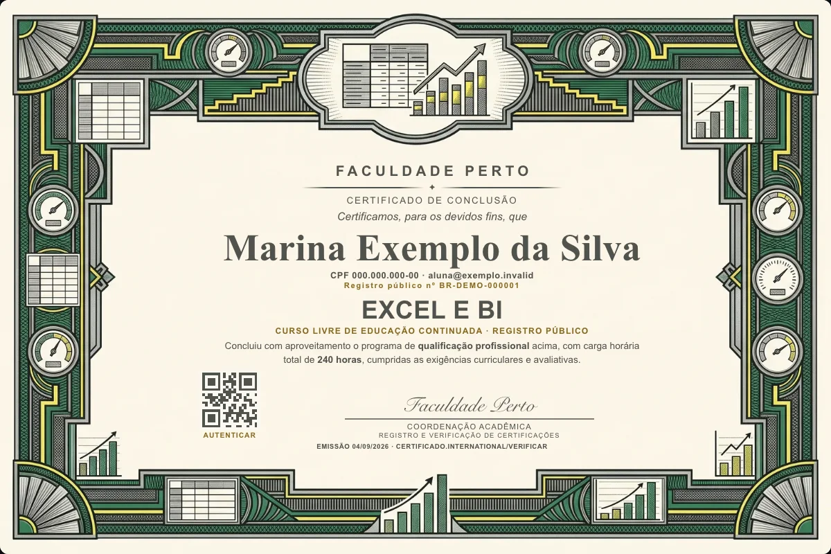 Modelo do certificado do curso de Excel e BI grátis: registro público, QR de verificação e assinaturas — exemplo com dados fictícios.