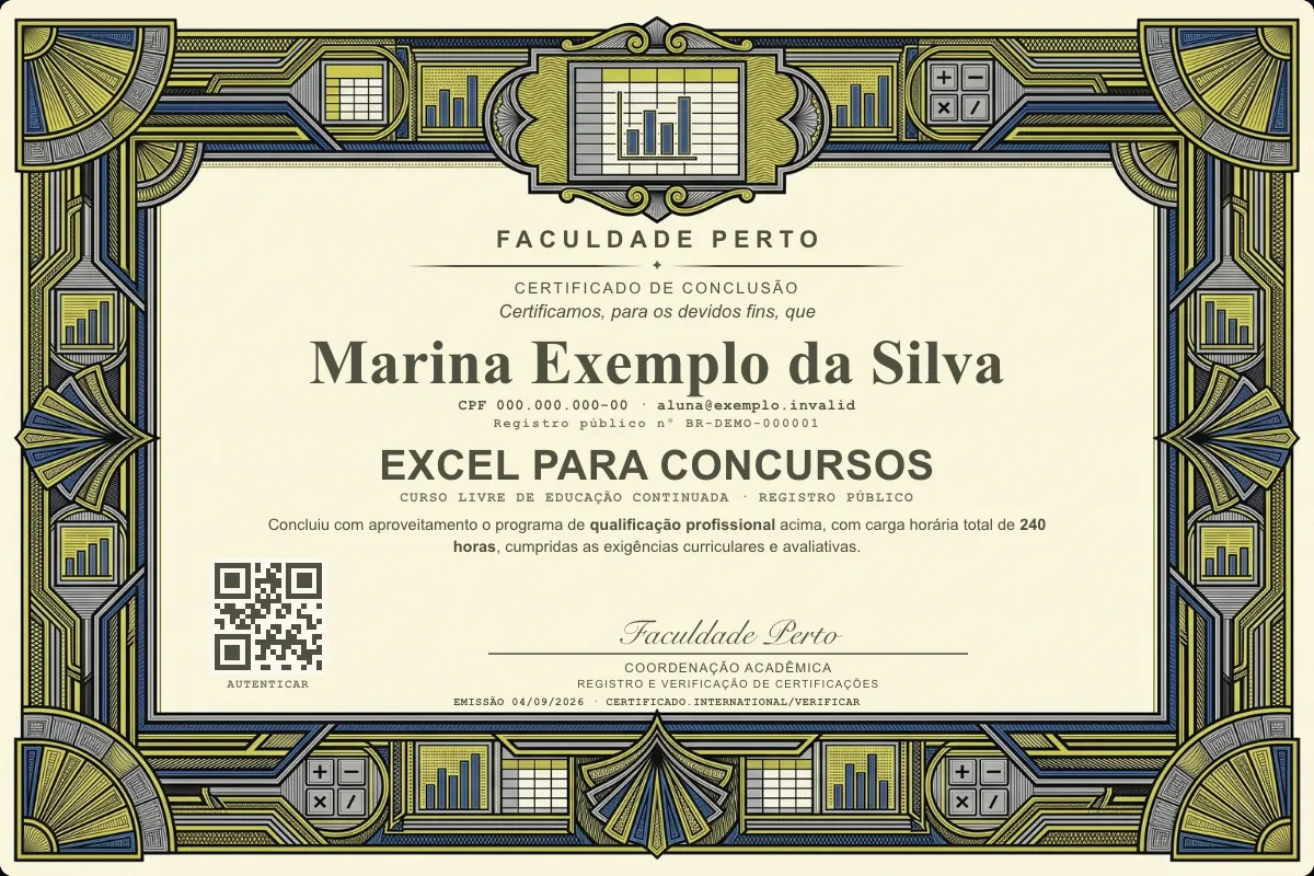 Modelo do certificado do curso de Excel para Concursos grátis: registro público, QR de verificação e assinaturas — exemplo com dados fictícios.