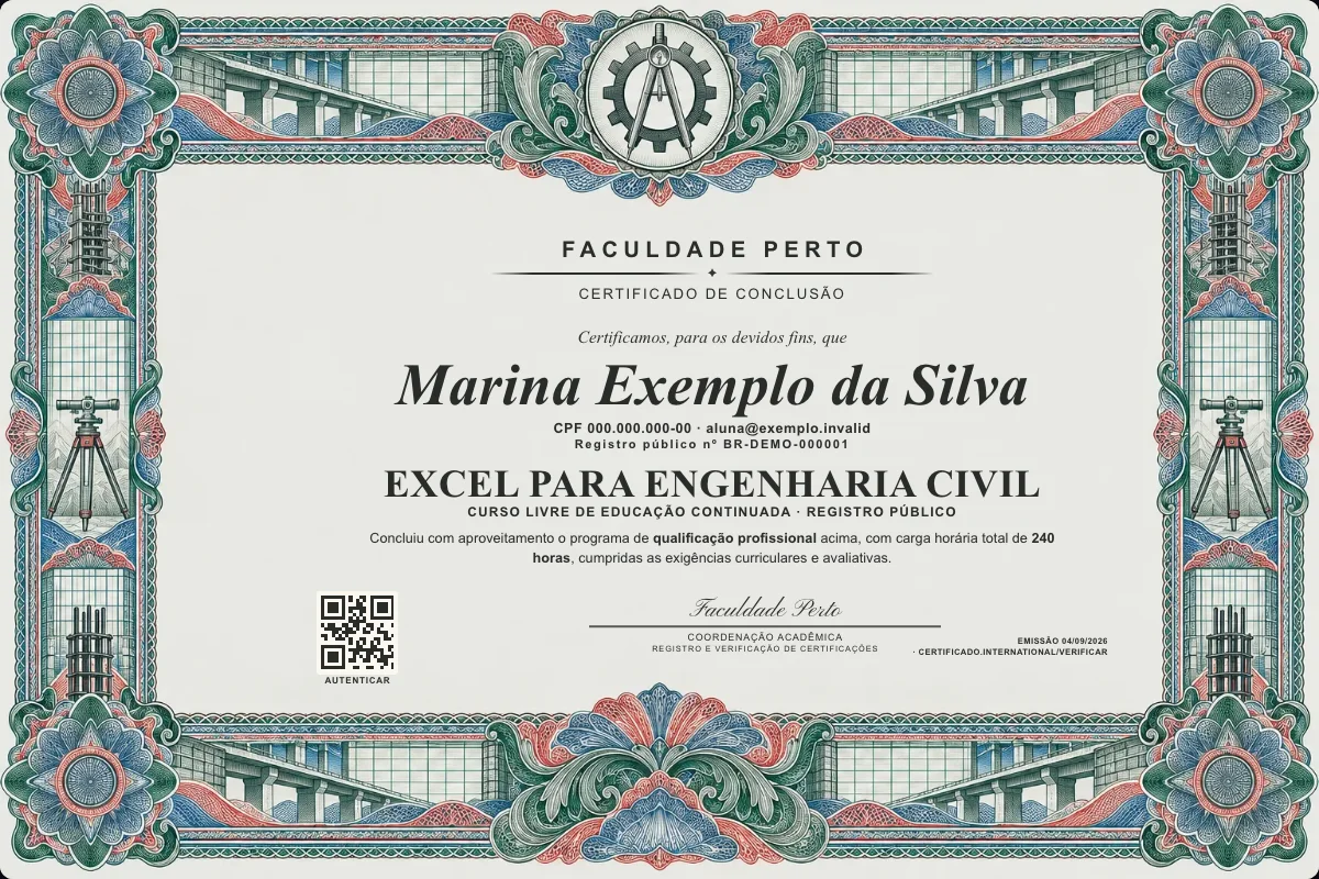 Modelo do certificado do curso de Excel para Engenharia Civil grátis: registro público, QR de verificação e assinaturas — exemplo com dados fictícios.