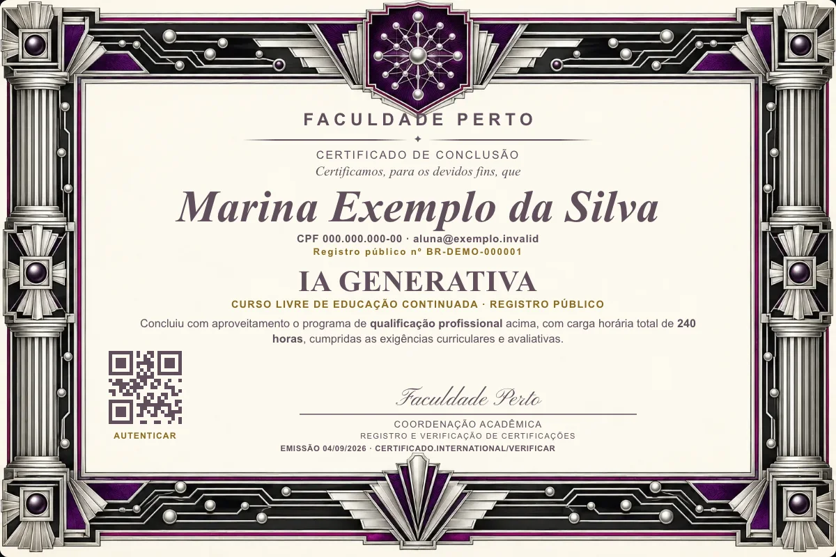 Modelo do certificado do curso de IA Generativa grátis: registro público, QR de verificação e assinaturas — exemplo com dados fictícios.