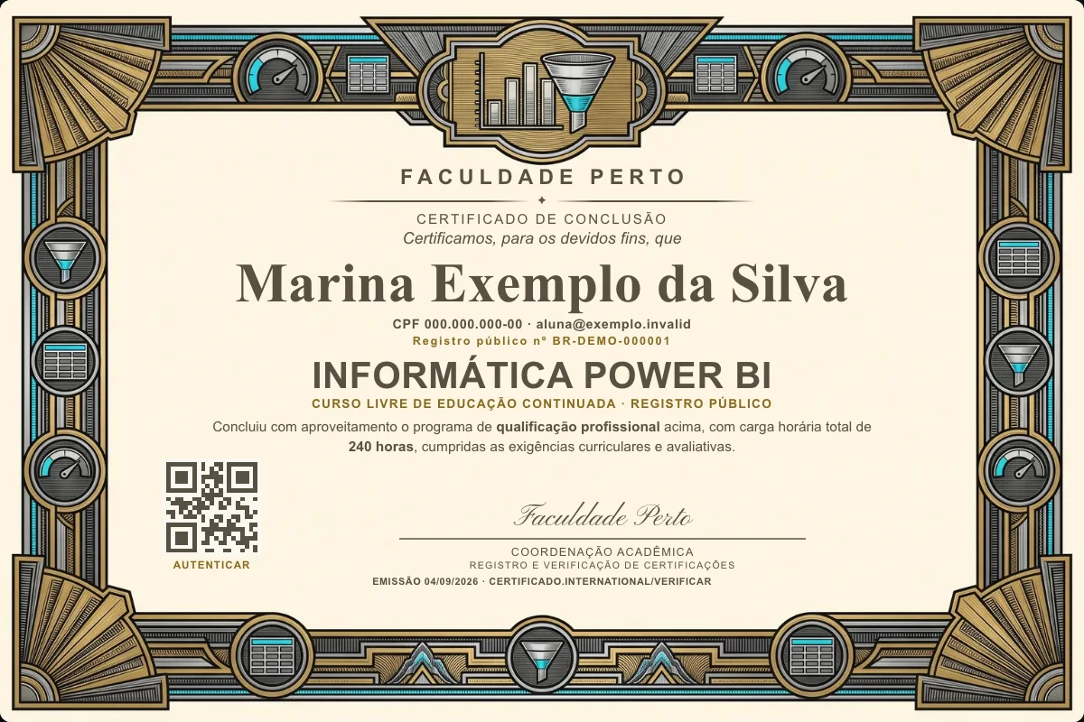 Modelo do certificado do curso de Informática Power BI grátis: registro público, QR de verificação e assinaturas — exemplo com dados fictícios.