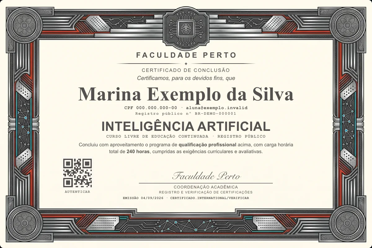 Modelo do certificado do curso de Inteligência Artificial grátis: registro público, QR de verificação e assinaturas — exemplo com dados fictícios.