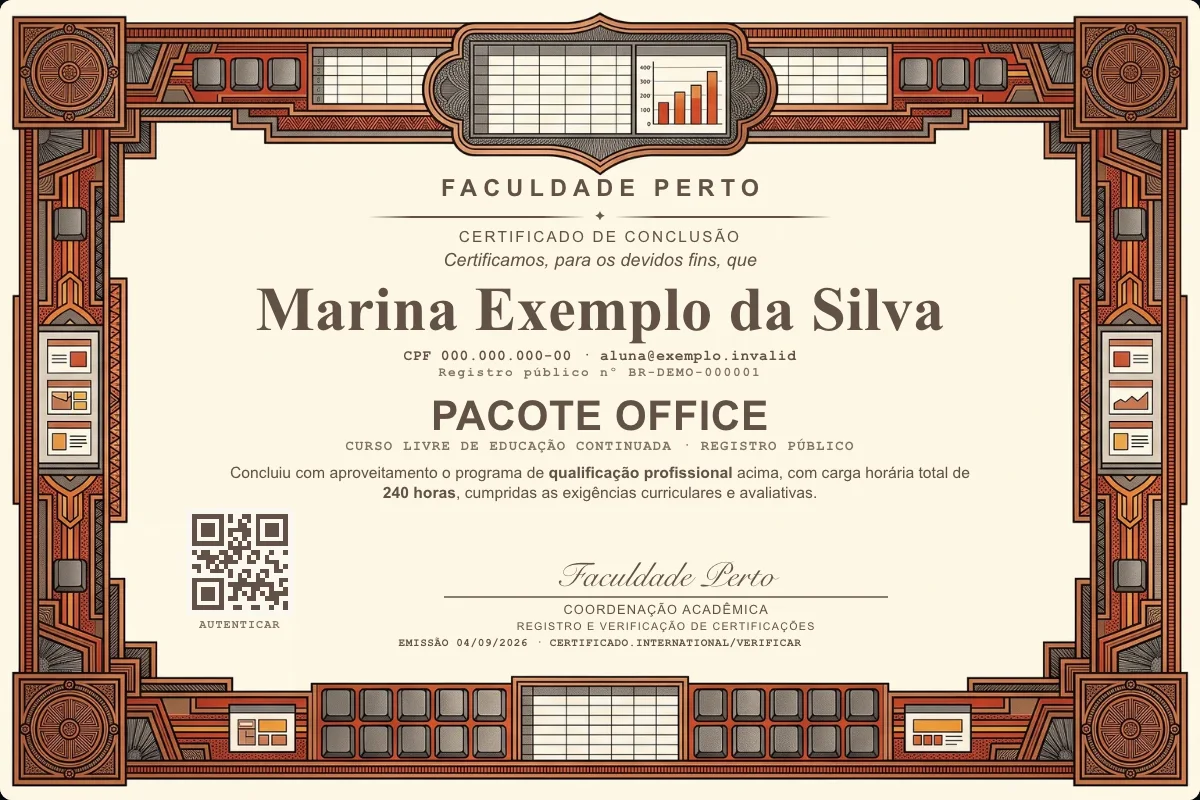 Modelo do certificado do curso de Pacote Office grátis: registro público, QR de verificação e assinaturas — exemplo com dados fictícios.