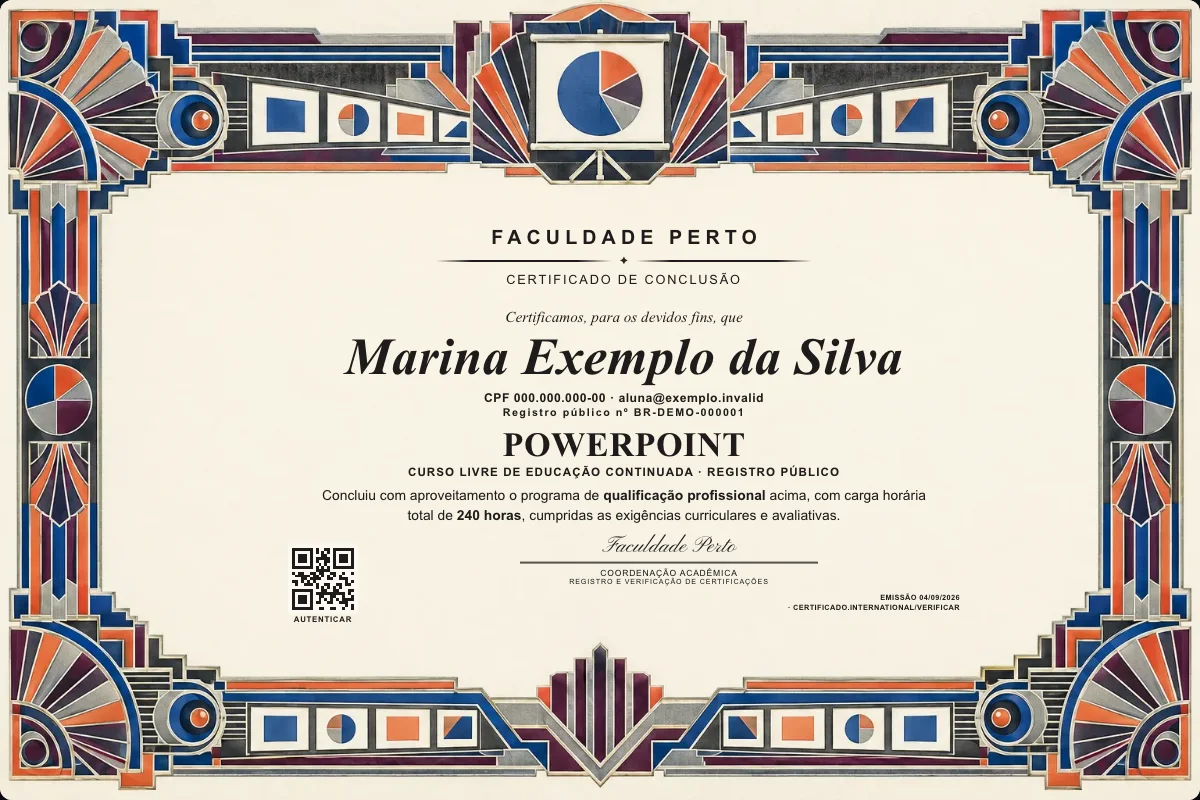 Modelo do certificado do curso de Powerpoint grátis: registro público, QR de verificação e assinaturas — exemplo com dados fictícios.