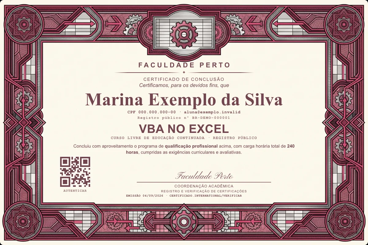 Modelo do certificado do curso de VBA no Excel grátis: registro público, QR de verificação e assinaturas — exemplo com dados fictícios.