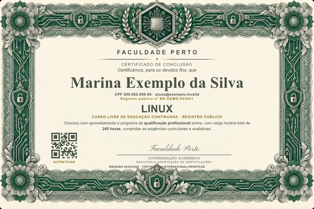 Modelo do certificado do curso de Linux grátis: registro público, QR de verificação e assinaturas — exemplo com dados fictícios.
