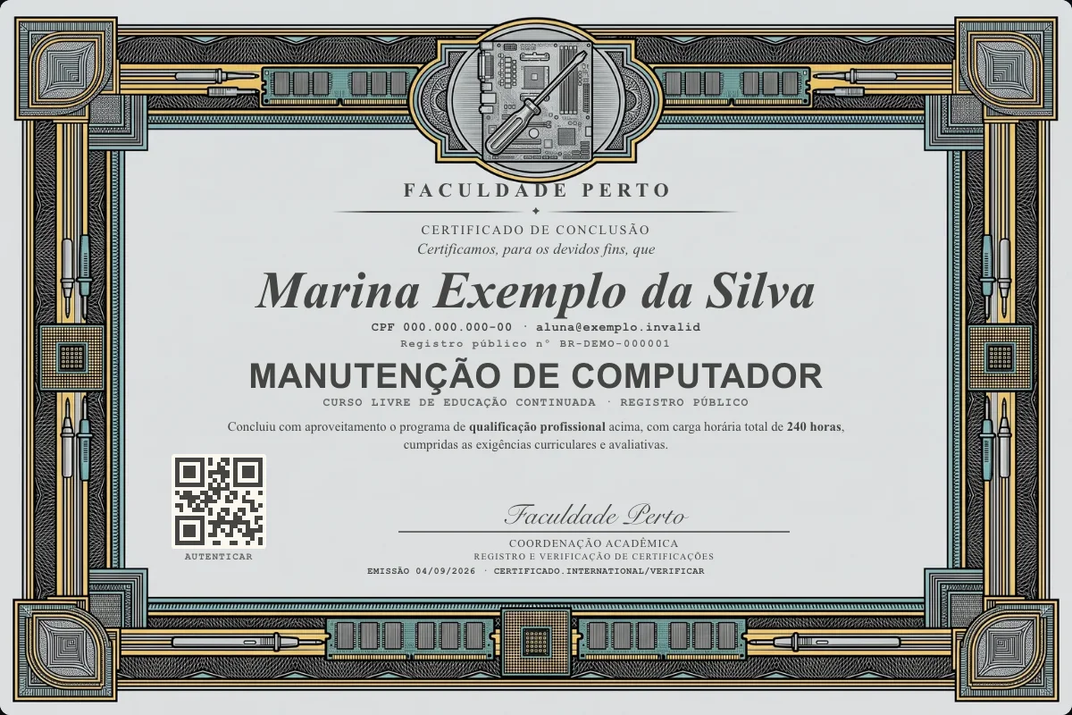 Modelo do certificado do curso de Manutenção de Computador grátis: registro público, QR de verificação e assinaturas — exemplo com dados fictícios.
