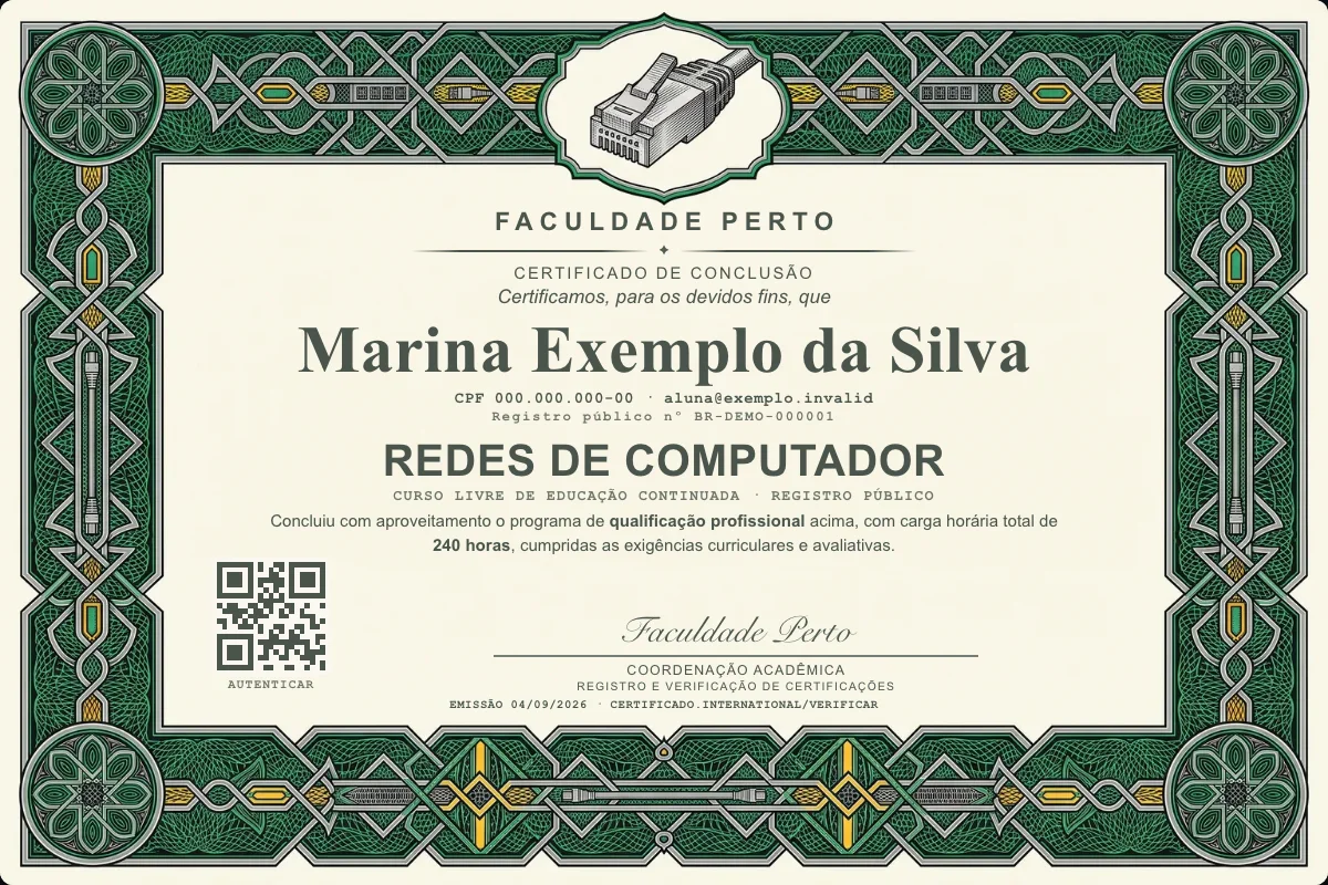 Modelo do certificado do curso de Redes de Computador grátis: registro público, QR de verificação e assinaturas — exemplo com dados fictícios.