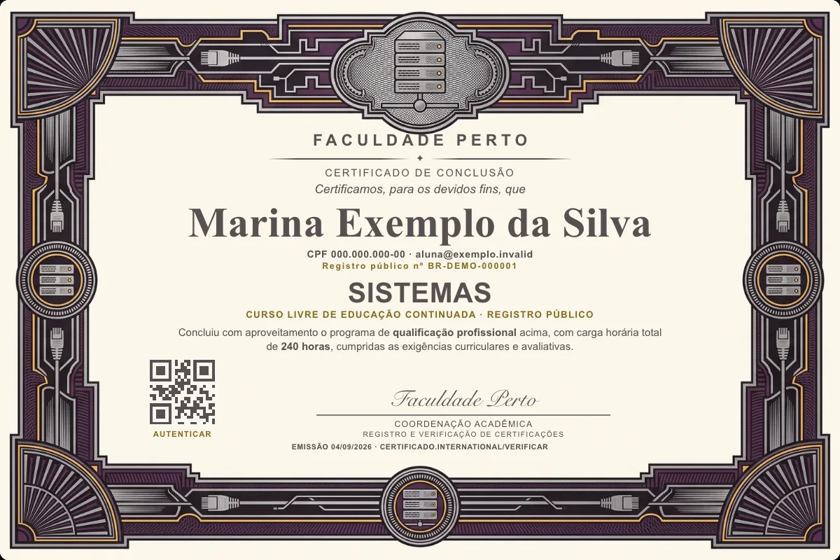 Modelo do certificado do curso de Sistemas grátis: registro público, QR de verificação e assinaturas — exemplo com dados fictícios.