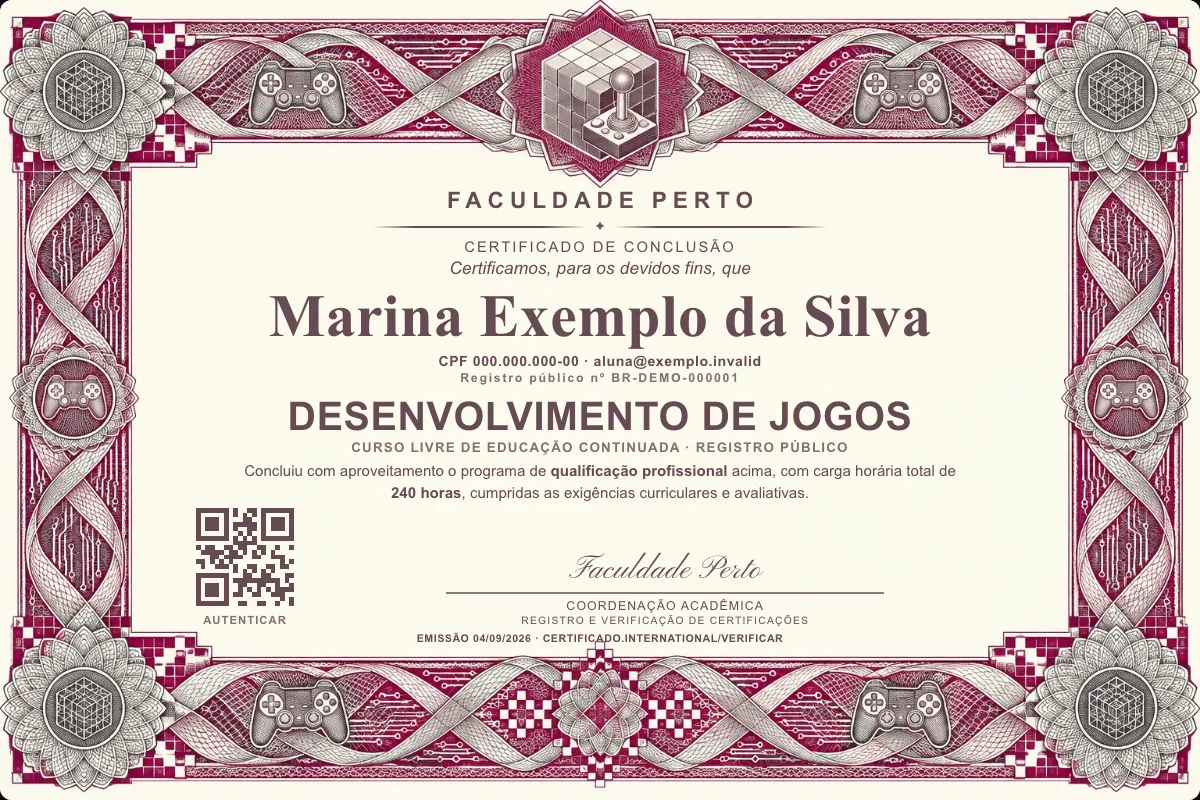 Modelo do certificado do curso de Desenvolvimento de Jogos grátis: registro público, QR de verificação e assinaturas — exemplo com dados fictícios.