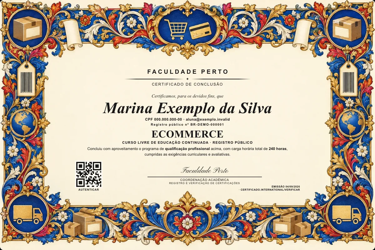 Modelo do certificado do curso de Ecommerce grátis: registro público, QR de verificação e assinaturas — exemplo com dados fictícios.