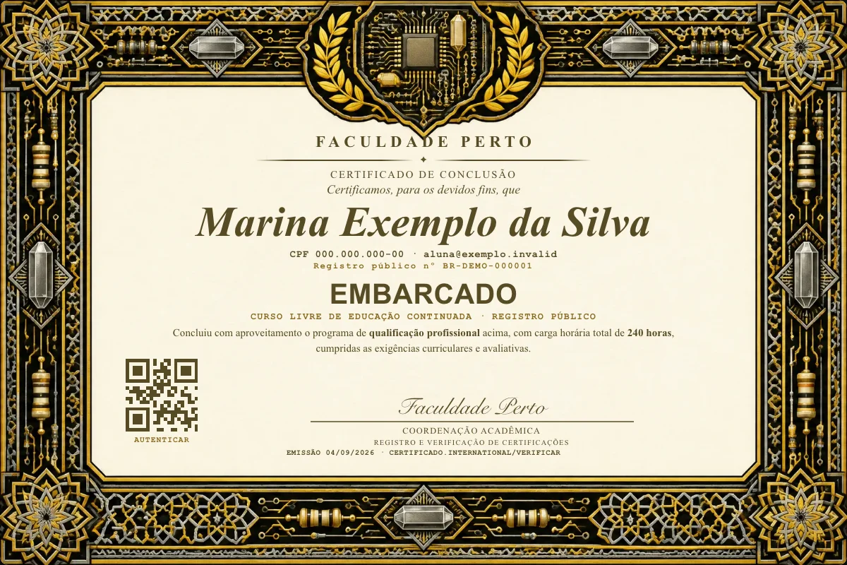 Modelo do certificado do curso de Embarcado grátis: registro público, QR de verificação e assinaturas — exemplo com dados fictícios.